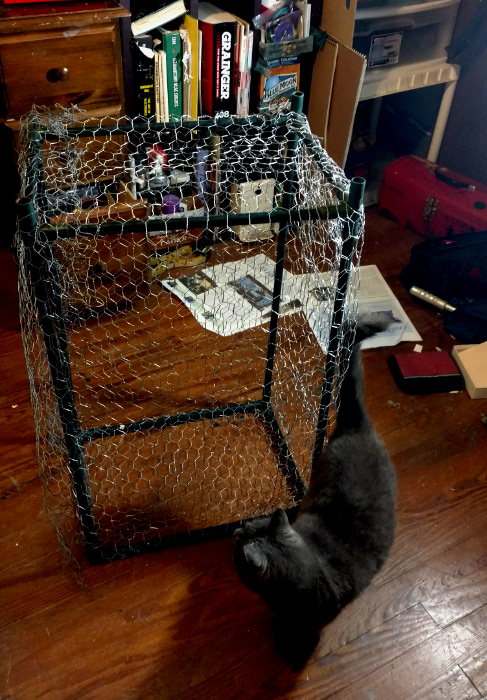 makerspace mascot Sandy inspects the Faraday cage